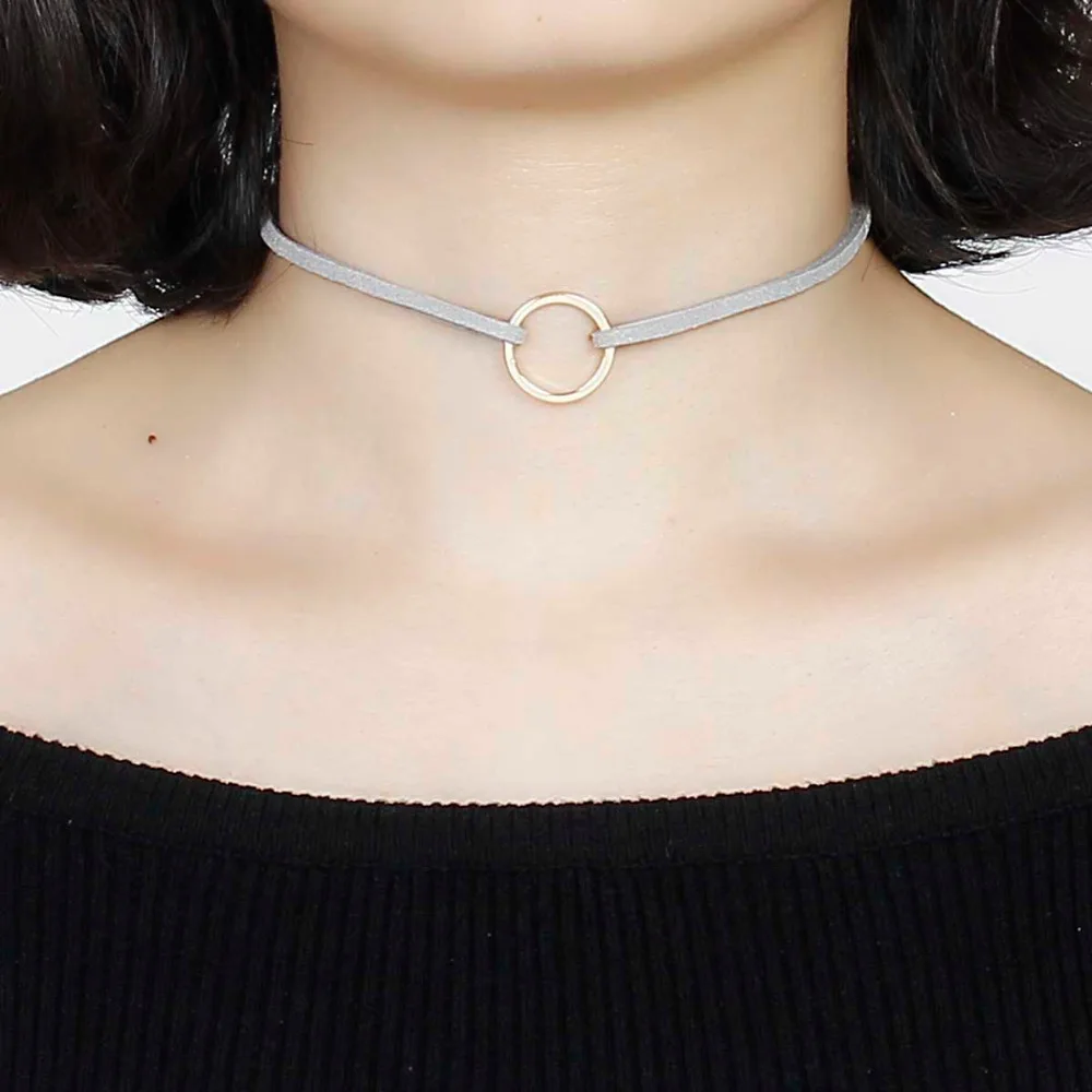 8SEASONS Hot Sale Women Jewelry Gray Velvet Suede Double Layer Choker Necklace Gold Plated Circle Pendant 33cm long, 1 Piece