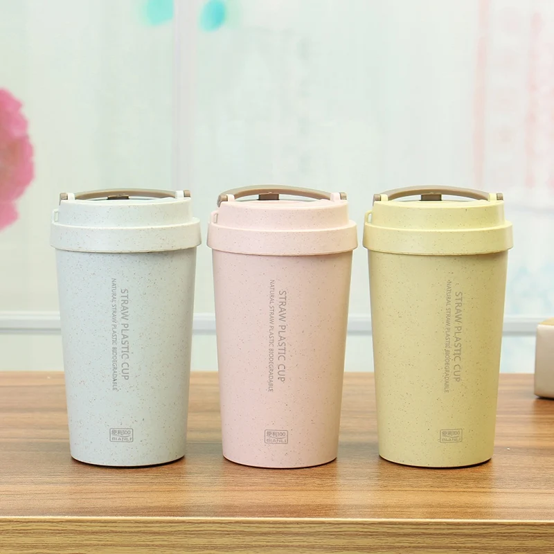 

New 400ml Double Wall Wheat Straw Cup Travel Coffee Tea Milk Cup Leak Proof Straw Plastic Cup with Lid Food Grade Drinking Cups