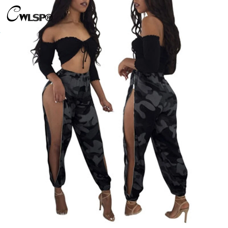 CWLSP 2018 Summer Casual Loose Pants For Women Camouflage Splite Straight Full Length With Zipper Female Pants QZ2629