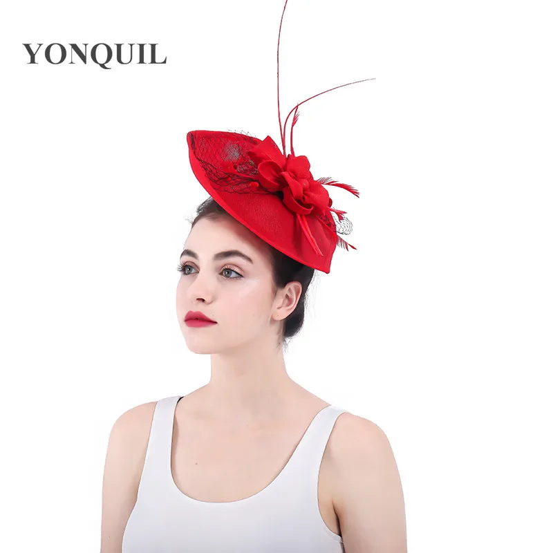 Скопируйте Sinamay красные Fascinators Veil Шляпы Заколки для волос аксессуары Кентукки поводов Royal повязка на голову с цветочным узором Головные