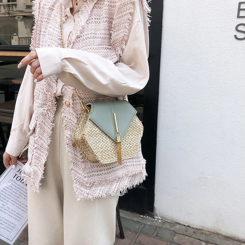 Hexagon Mulit Style Straw+leather Handbag Women Summer Rattan Bag Handmade Woven Beach Circle Bohemia Shoulder Bag New Fashion