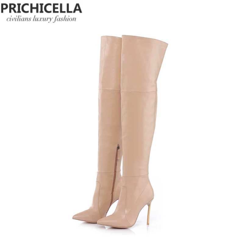 PRICHICELLA/коричневые женские облегающие высокие сапоги из натуральной кожи на Железном каблуке; высокая обувь в гладиаторском стиле; size34-42