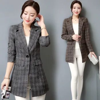 

Women Long Blazers 2018 Spring Autumn long sleeve Jackets and coats slim plaid suits female outerwear Work Wear Blazer
