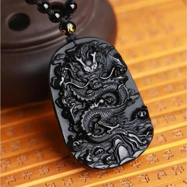 

Drop Shipping Unique Natural Black Obsidian Carving Dragon Lucky Amulet Pendant Necklace For Women Men Pendants Jade Jewelry