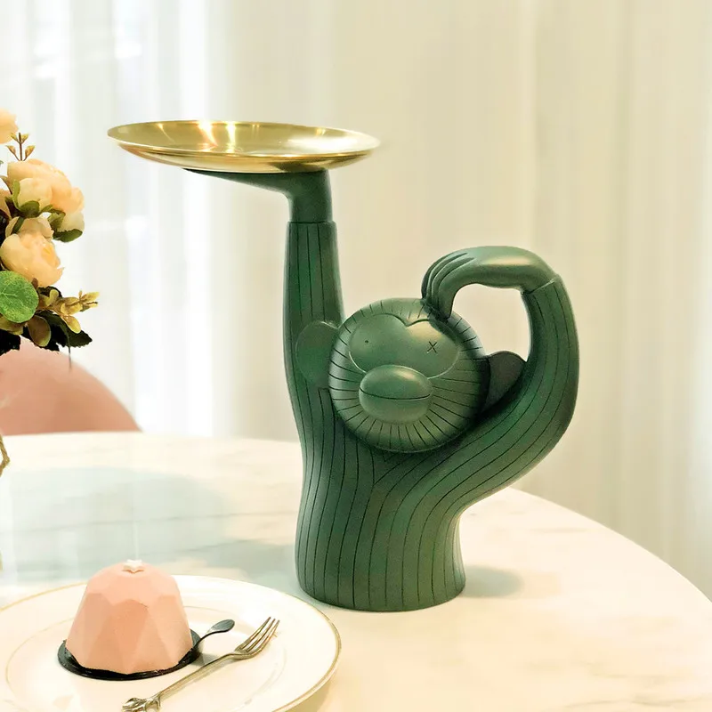  Cute Monkey Holding Plate Sculpture Ornaments Table Fruit Cake Snack Holder Party Desk Decoration D