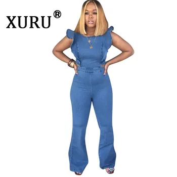 

XURU Summer New Women's Denim Jumpsuit Fungus Sleeve Long Trumpet Jumpsuit Pink Yellow Green Blue Orange Jumpsuit