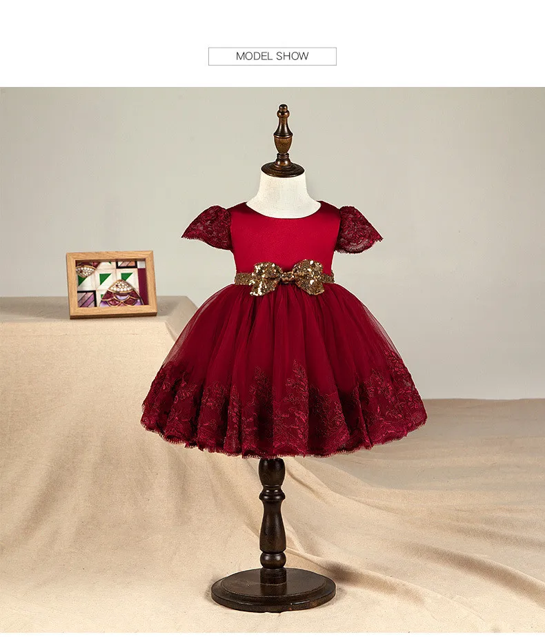 Новинка года, красное платье для дня рождения для маленьких девочек 1 год, платье с золотым бантом и рукавами-крапинками для маленьких девочек 12 мес.-6 лет