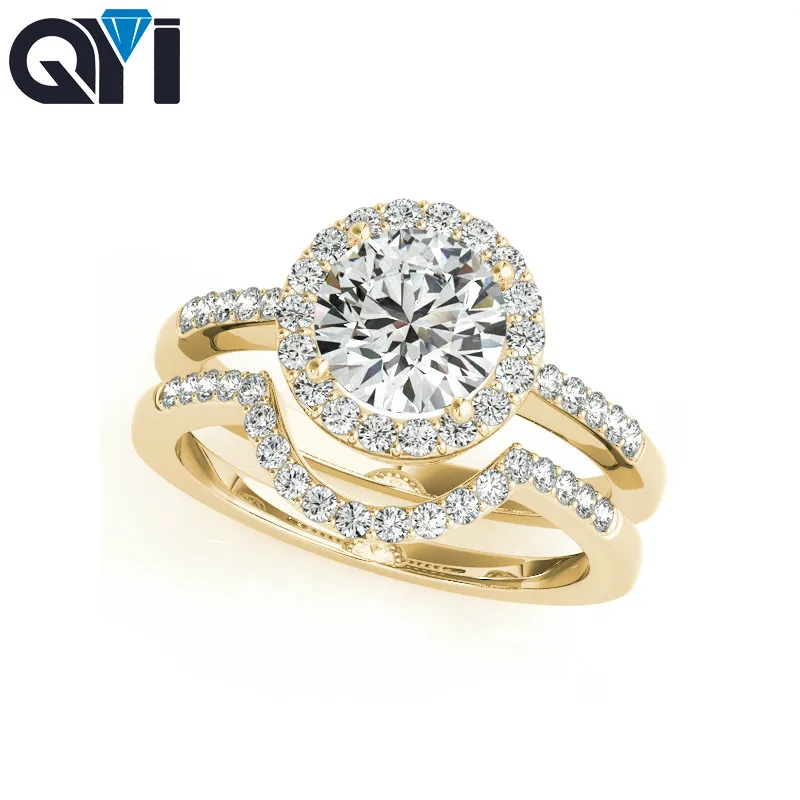 

QYI diamond jewerly 925 Sterling Silver Women Engagement Ring Sets Halo Round Cut Wedding Anniversary Princess Ring Set