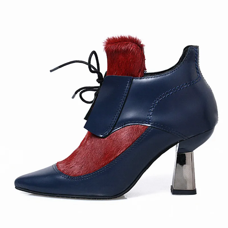 Lace Leder Mode Echtem Prova Für Schuhe Blau Pumpen Up Ferse Rosshaar Spitz Aus Perfetto Stiefeletten rot Hohe Frauen Frau wCw8S6qn