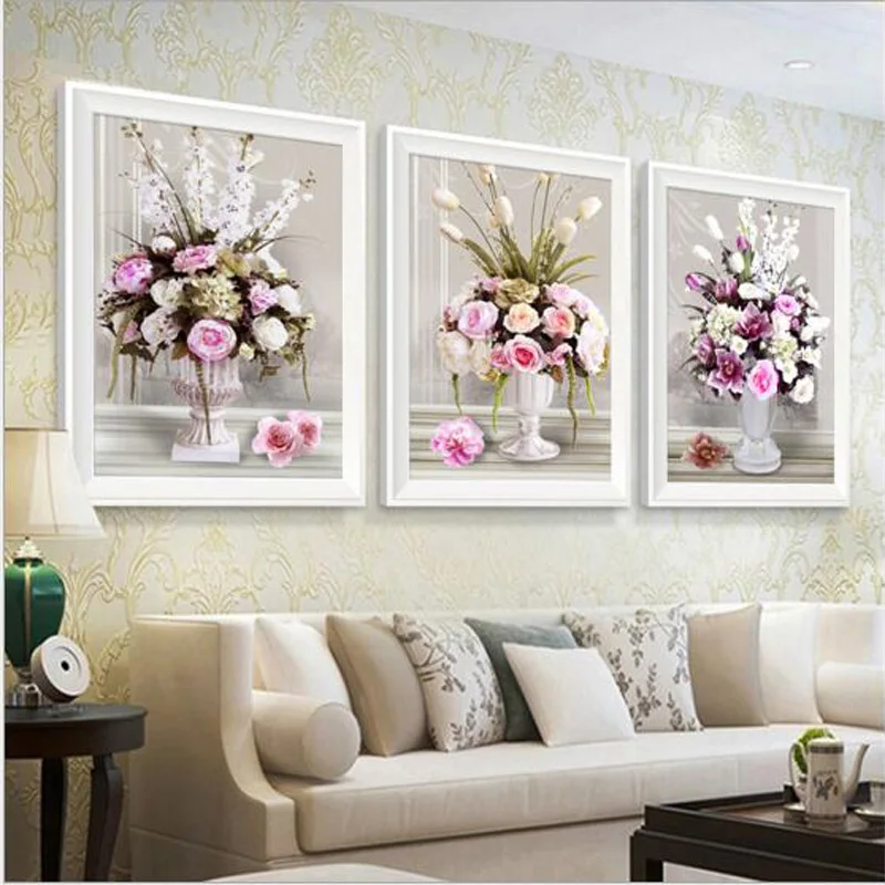 

D SH DIY Diamond Painting Embroidery Three Pictures Flowers Combination Cross Stitch Kit Decoration Square/RoundDrill Home Decor