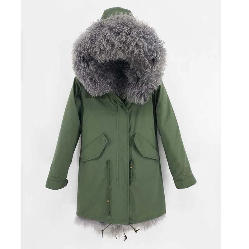 2018 women real fur parka lady natural mongolian fur lining big fur collar detachable streewear very keep warm
