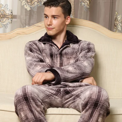 Пижама Мужская зимняя утепленная теплая Пижама Мужская пижама Коралловая бархатная Пижама среднего возраста для отца Мужская пижама для отдыха - Цвет: Square