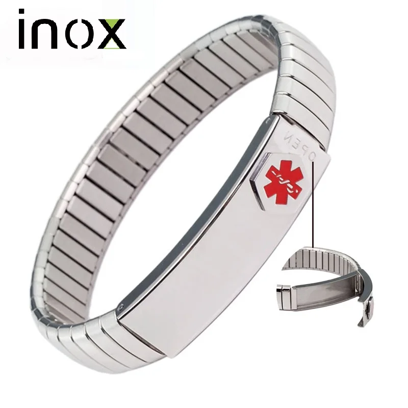 

Inox Jewelry Ladies Women Men ID Bangle Elastic Stainless Steel Medical Alert Bracelet Can Engraving Logo