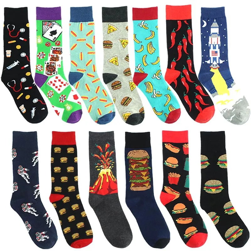 Cool Men Happy Cotton Socks Food burger volcano medical pattern men's socks Creative Hip Hop Socks Colorful Funny Unisex Socks