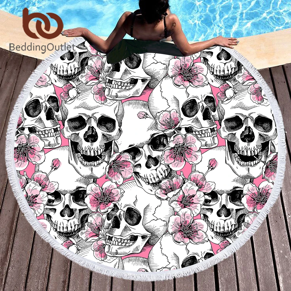 

BeddingOutlet Sugar Skull Round Beach Towel Tassel Cherry Blossoms Picnic Mat for Woman Microfiber Towel Floral Toalla Blanket