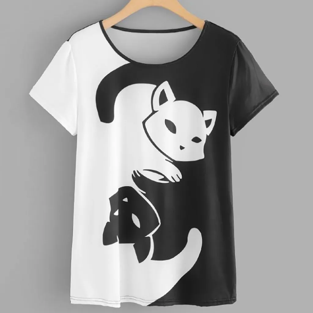 

Feitong Funny Cat Printing T Shirt Womens Short Sleeve Loose Pullover Tops Blusa 2019 Summer White Black Casual T-Shirt Clothes