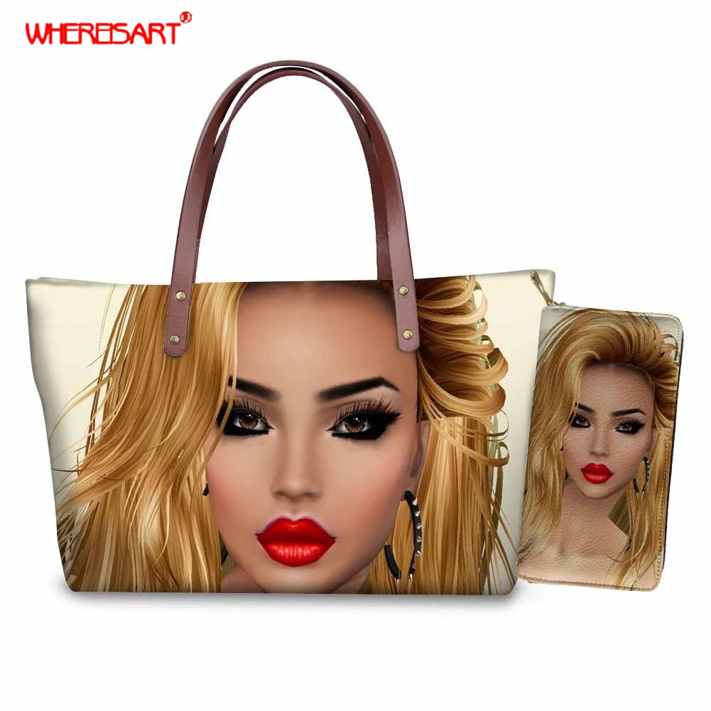

WHEREISART hand bag sets for women, african print ladies handbag with large purse, 2019 afro girl summer waterproof beach tote