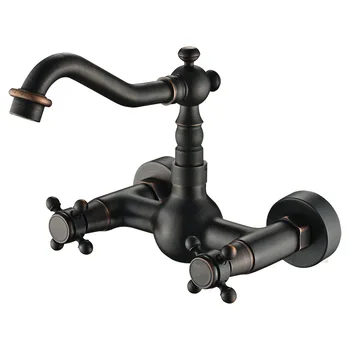

European Antique Kitchen Faucets Brass Black Bathroom Faucet Double Handles Sink Mixer Taps Hot Cold Wall Mounted 360 Degree