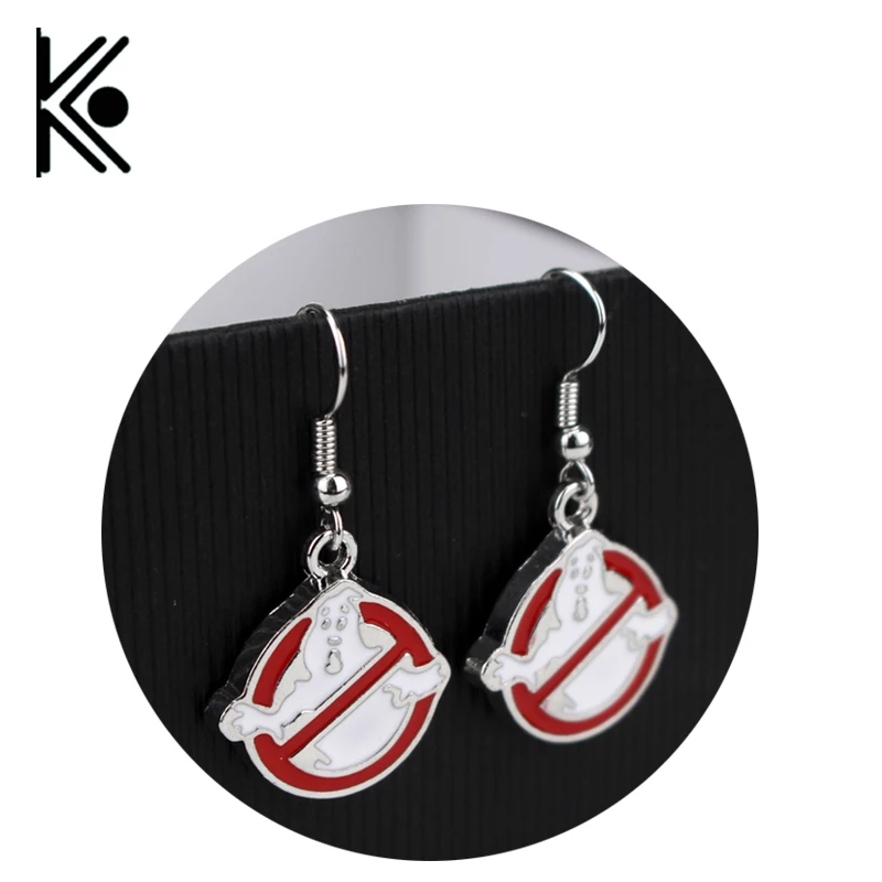 

Free Shipping Ghostbusters earrings red enamel Badge earring Ghostbusters Charm Pins vintage long earrings women jewelry