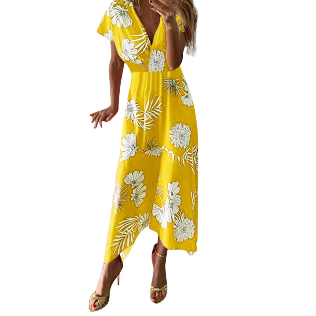 

FREE OSTRICH Dress Women Print V-Neck Asymmetrical Ankle-Length Casual Empire Yellow Dignified Noble Popular Long Dress Summer