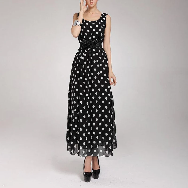 

2017 Women's Chiffon Polka Dot Long Sleeveless Dresses Maxi Party Gown S-XXL 7644
