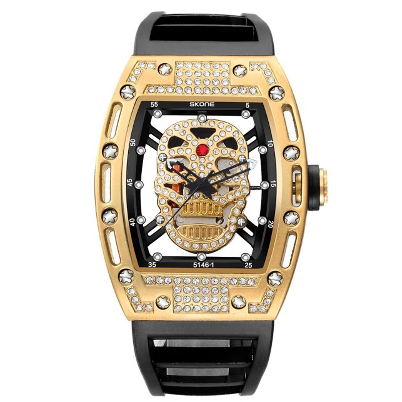 

2019 New Skone Mens Fashion Military Silicone Strap Rectangle Dial Skull Face Men Watches Wrist Watches 3D Scrub Dial Genuine