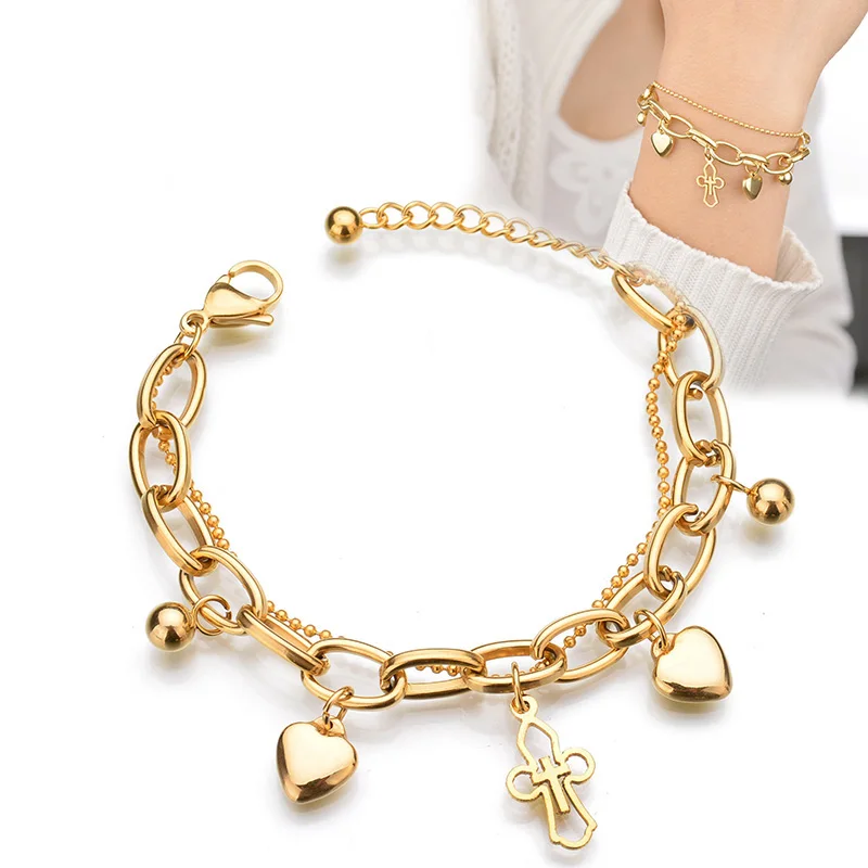 Trendy-Christian-Jewelry-Multilayer-Chain-Heart-Cross-Gold-Color-Bead-Stainless-Steel-Bracelets-For-Women-Gift