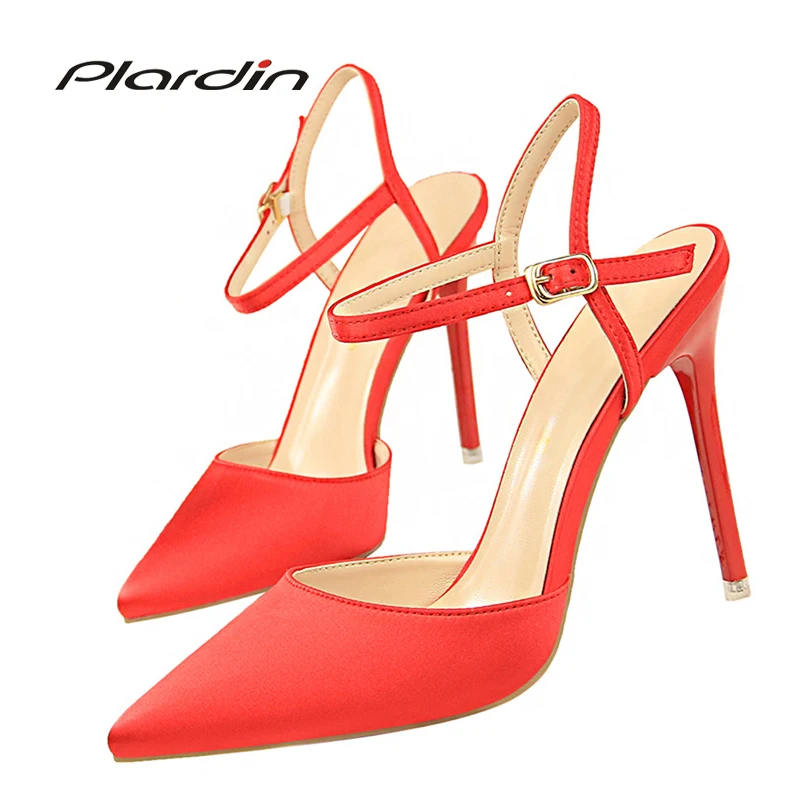 

Plardin New Women Concise Fashion Ankle Strap Shoes Woman Pointed Toe Thin Heels women's Buckle Slingbacks Pumps High Heels