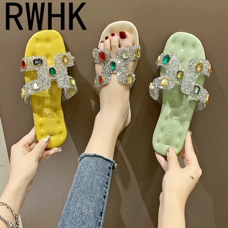 

RWHK Slippers female 2019 summer new Korean version of the wild fashion rhinestone sequins beach female drag B180
