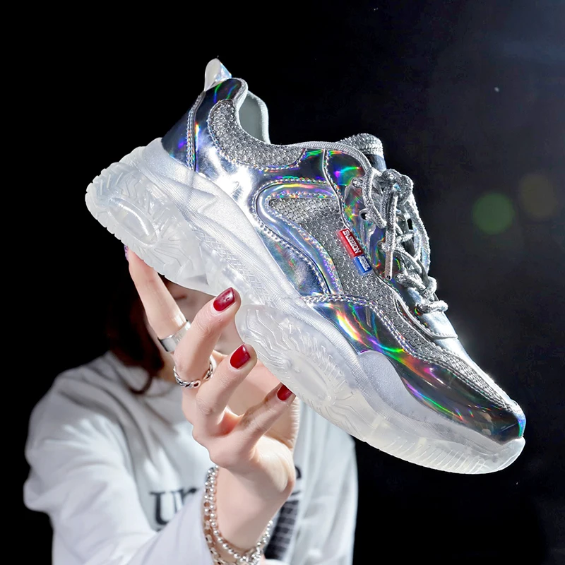 

Summer Women Chunky Sneakers Harajuku Casual Dad Shoes Platform Sneakers Transparent Jelly Sole Breathable Mesh crystal Sneakers