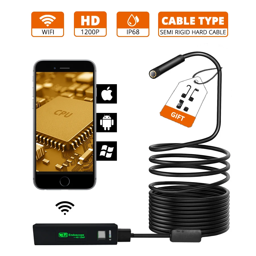

TRINIDAD WOLF 8MM Endoscope Inspection Camera 1200P Semi Rigid Hard Tube Endoscope Wifi Borescope Snake Video Camera For Iphone