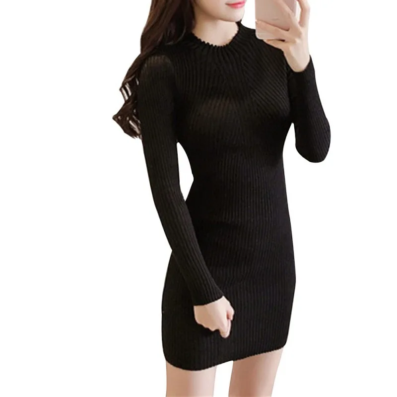 

Korean Slim Sweater Dress Women Warm Knitted Dresses Black Vintage Winter Long Sleeve Dress Warm Autumn Womens Clothing