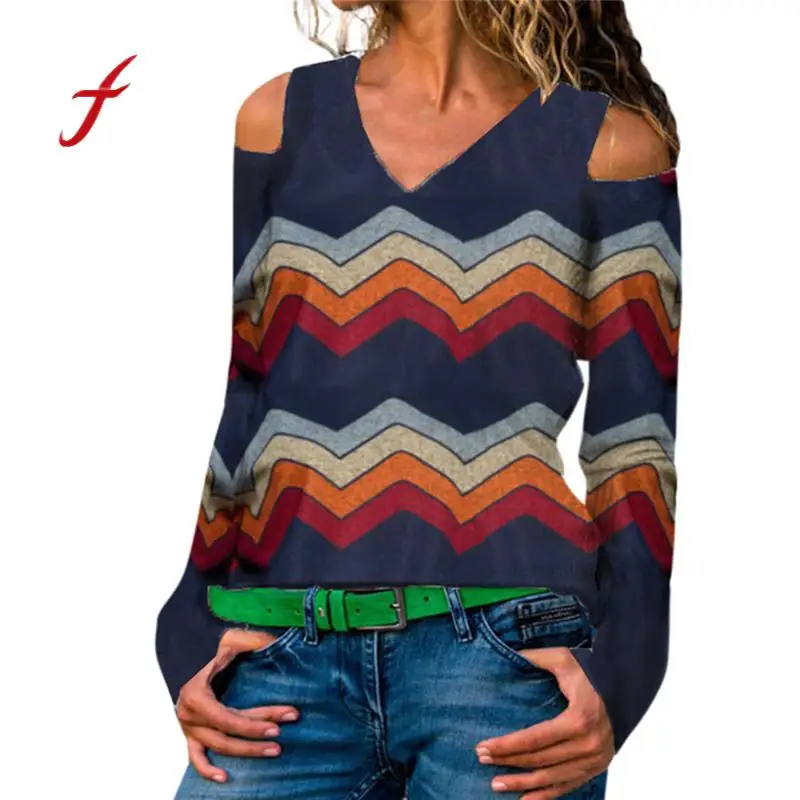 

feitong 2018 High Quality T Shirt Women V Neck Long Sleeve Solid Striped Women's Clothing T-shirt Pullover Casual Tops Shirt