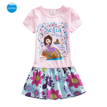 

JUXINSU Summer Cotton Sofia the First Girl Short Sleeve Dresses Cartoon Printing Girls Dress for 1-7 Years clothes