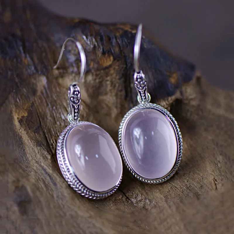 

925 Silver Round Earring Natural Pink Stone 100% S925 Sterling Silver boucle Drop Earrings for Women Jewelry