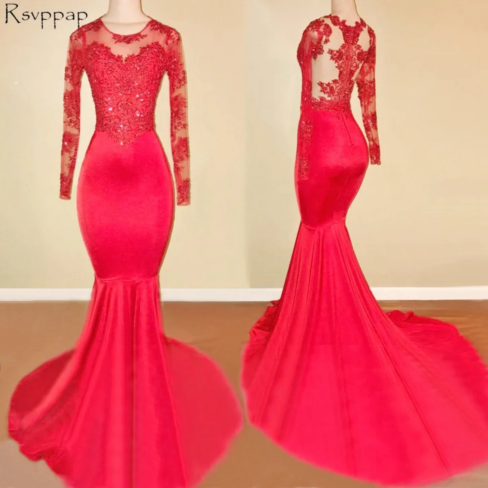 Long Red Prom Dresses 2018 Sheer Long Sleeve Top Lace Floor Length ...