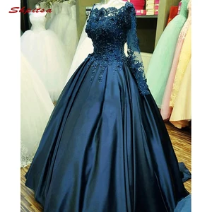 Image 2 - Navy Blue Long Sleeve Quinceanera Dresses Ball Gown Satin Lace Prom Debutante Sixteen Sweet 16 Dress vestidos de 15 anos