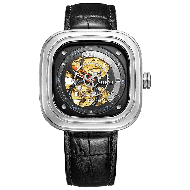 

BUREI 15008 geneva watch Switzerland brand seven skeleton Square japan MIYOTA automatic self-wind Sapphire Mirror gray Calfskin