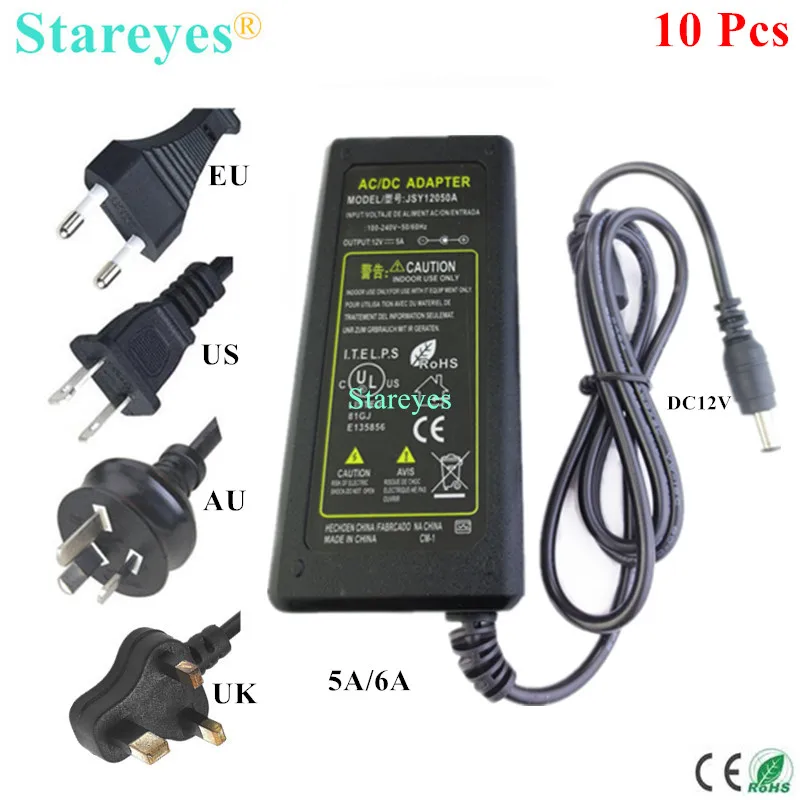 

10 Pieces AC100-240V to DC 12V 5A 6A EU US AU UK plug Power Adapter Supply Charger LED Lighting Transformers For LED Strip