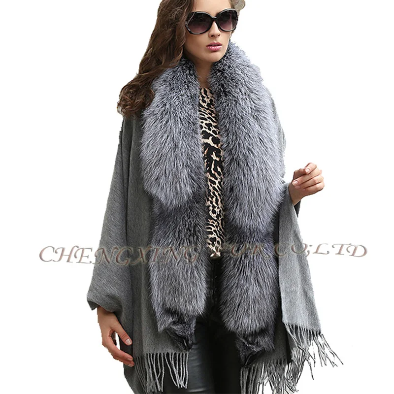

CX-B-P-57 Women Winter Real Fur Shawl Cashmere Shawl With Fox Fur