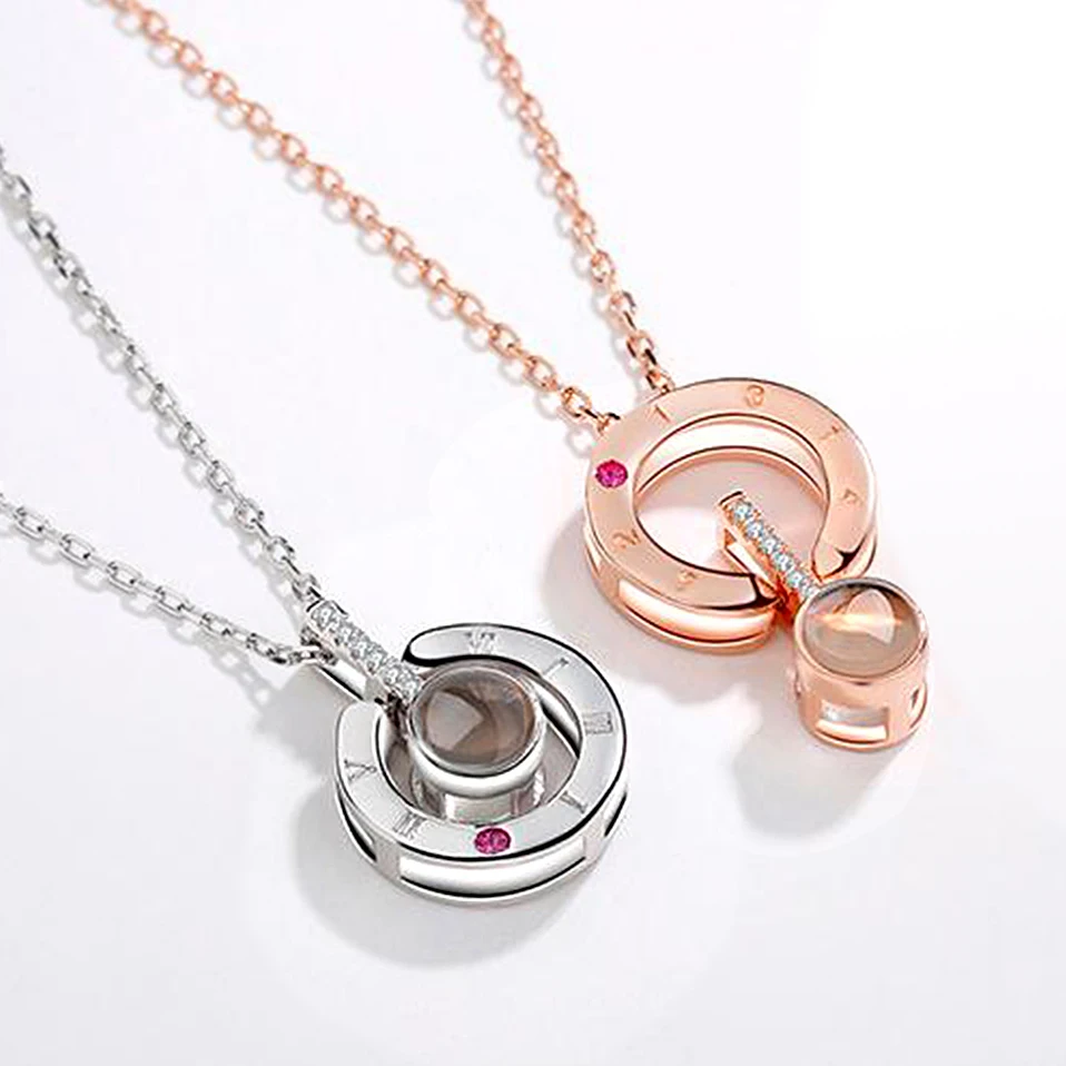 Dropshipping Rose Gold&Silver 100 languages I love you Projection Pendant Necklace Letter Love Memory Wedding Necklace