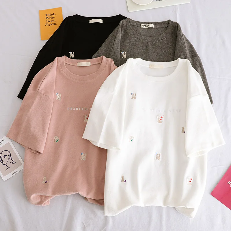 

T Shirts Summer Women 2019 New Fashion Embroidered Short Sleeved Loose Casual Student Top Tees Women's Shirts Female Clothes