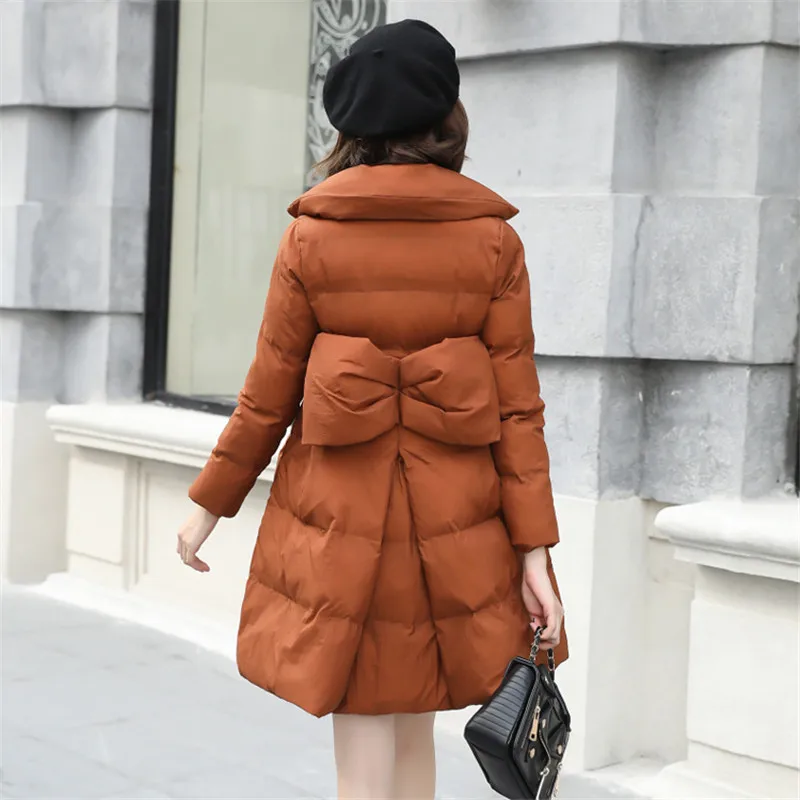 

2017 Europe United winter jacket women's bow-tie bow feather jacket, high quality lapel, temperament single-breasted cotton coat