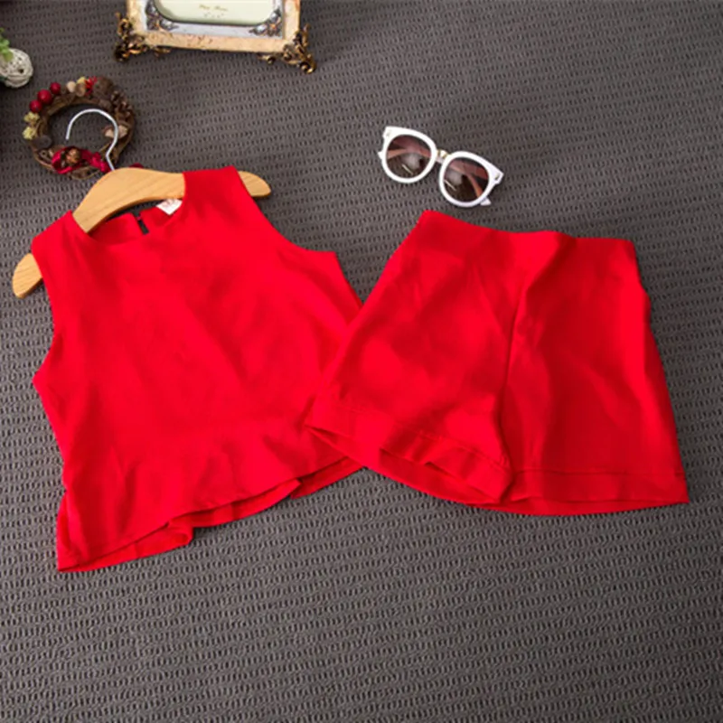 Коллекция года модные летние комплекты одежды красного цвета для малышей и дошкольников комплекты одежды для девочек блузка без рукавов с оборками+ шорты комплект из 2 предметов JW1217