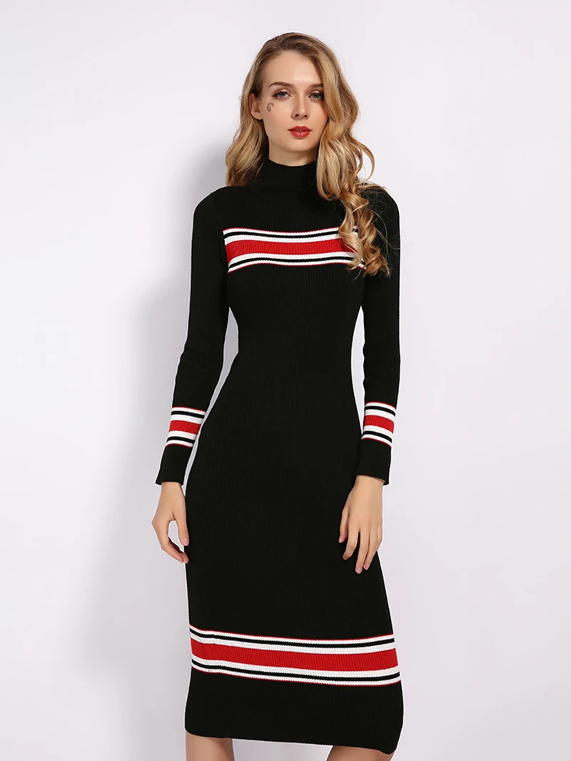 Black Stand Collar Striped Knitted Bodycon Dress