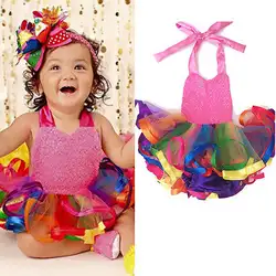 Новые для маленьких девочек дети Блёстки кружевное платье принцессы торжественное свадебное платье-пачка без рукавов Платье с радугой