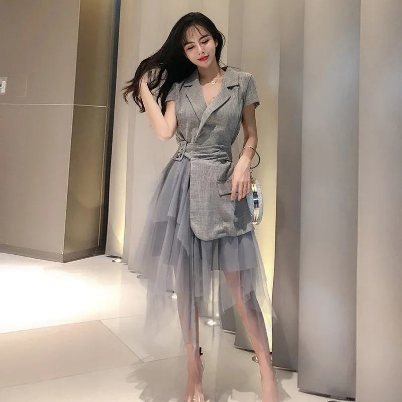 fashion women dresses gray sheer mesh patchwork notched collar Short sleeve a-line bohemian Midi dress