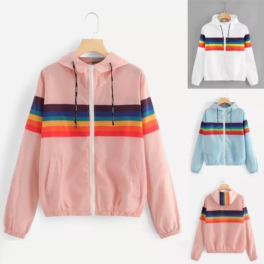 

2019 Women Coat Windbreaker Jacket Female Multicolor Stripe Patchwork Hooded Overcoat Jacket Basic Jackets Color Block Coats