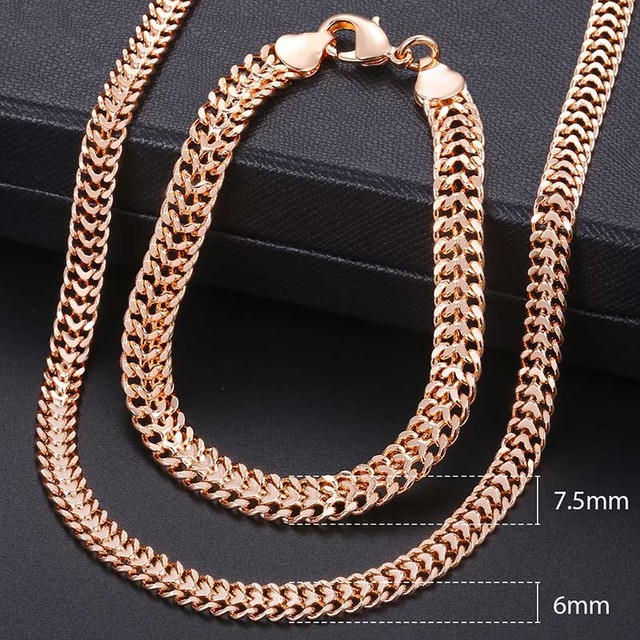 Women's Jewelry Sets 585 Rose Gold Bracelet Necklace Set Double Curb Cuban Weaving Bismark Chain 2021 Wedding Gift KCS04