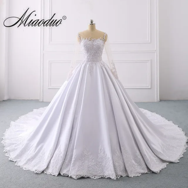 simple long sleeves satin wedding dress 2019 weddingdress o neck